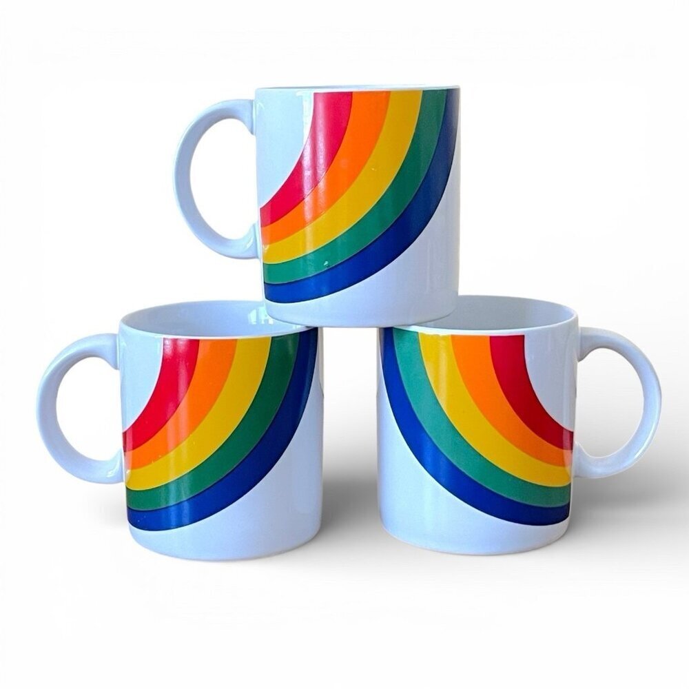 Vintage 1980s FTDA Rainbow Coffee Cup Set of 3 Mugs LBGTQ+ ASO Stranger Things